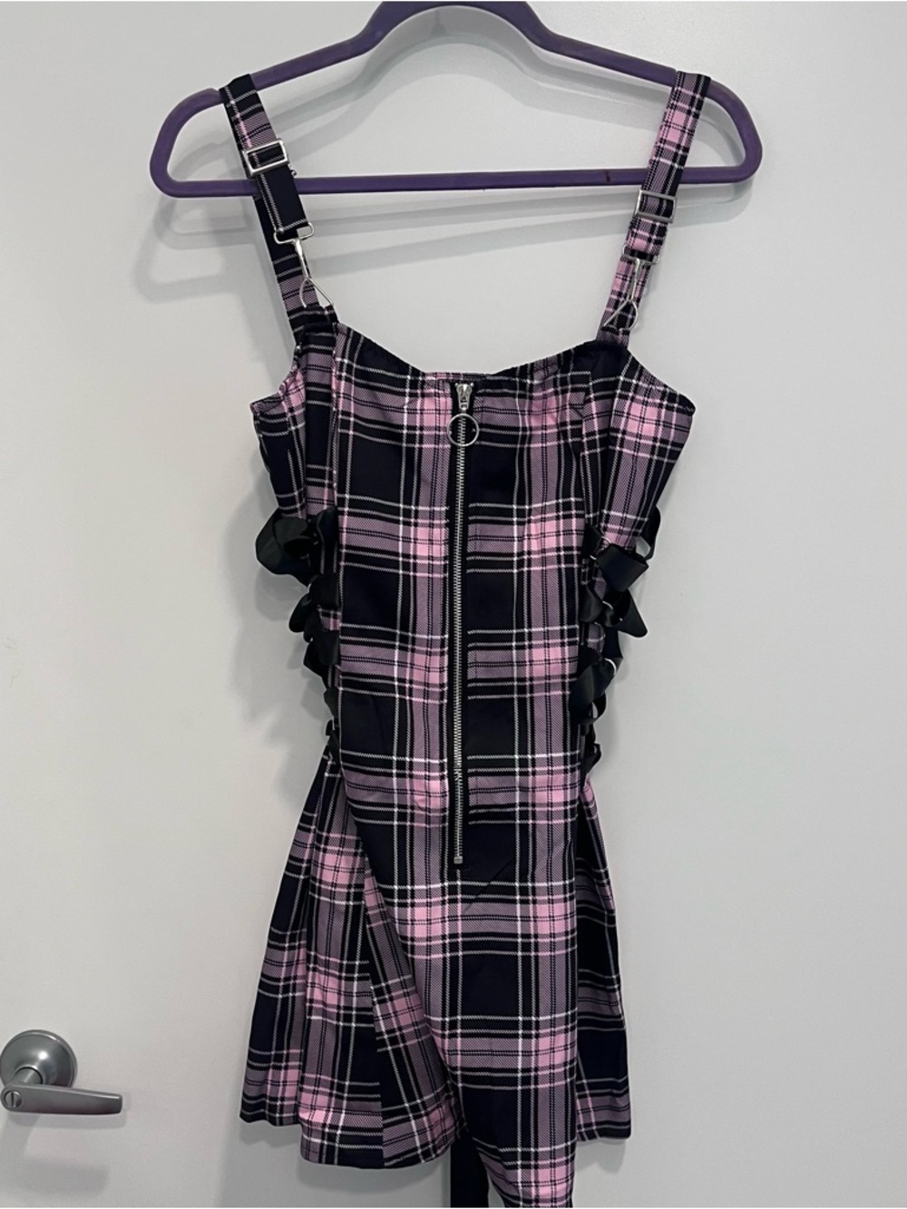 Pink & Black Plaid Zip-Front Mini Dress Grunge Goth Sleeveless Lace Tie Medium